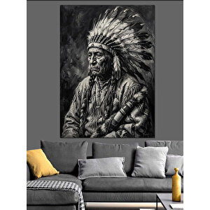 Kızılderili Şefi Siyah Beyaz Portre Dekoratif Kanvas - Mdf Ahşap Tablo 70x100 cm