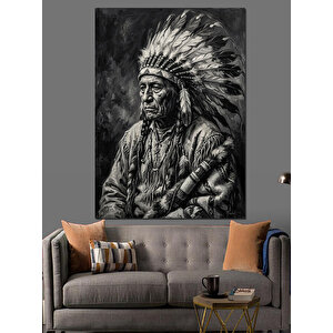 Kızılderili Şefi Siyah Beyaz Portre Dekoratif Kanvas - Mdf Ahşap Tablo 70x100 cm