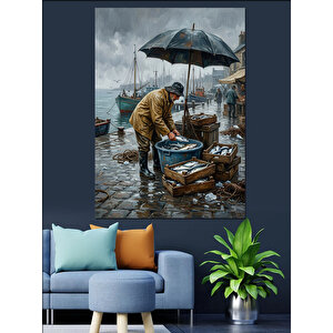 Yağmurlu İskelede Balıkçı Ve Şemsiye Dekoratif Kanvas - Mdf Ahşap Tablo 50x70 cm