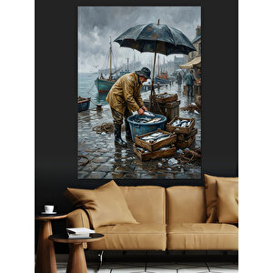 Yağmurlu İskelede Balıkçı Ve Şemsiye Dekoratif Kanvas - Mdf Ahşap Tablo 50x70 cm