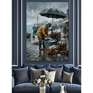 Yağmurlu İskelede Balıkçı Ve Şemsiye Dekoratif Kanvas - Mdf Ahşap Tablo 50x70 cm