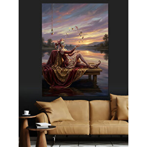 Göl Kenarında Dinlenen Kırmızı Kadın Dekoratif Kanvas - Mdf Ahşap Tablo 100x140 cm