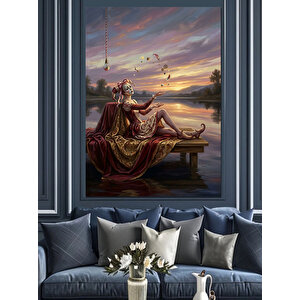 Göl Kenarında Dinlenen Kırmızı Kadın Dekoratif Kanvas - Mdf Ahşap Tablo 100x140 cm