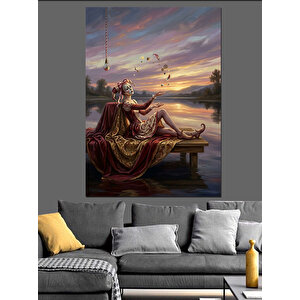 Göl Kenarında Dinlenen Kırmızı Kadın Dekoratif Kanvas - Mdf Ahşap Tablo 100x140 cm
