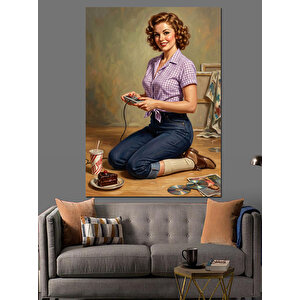 Bilgisayar Oyunu Oynayan Vintage Kadın Dekoratif Kanvas - Mdf Ahşap Tablo 70x100 cm