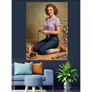 Bilgisayar Oyunu Oynayan Vintage Kadın Dekoratif Kanvas - Mdf Ahşap Tablo 70x100 cm