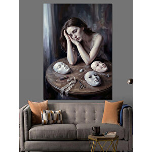 Düşünceli Kadın Ve Tiyatro Maskeleri Dekoratif Kanvas - Mdf Ahşap Tablo 100x140 cm