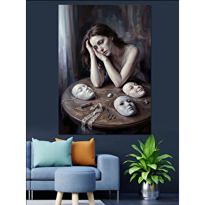 Düşünceli Kadın Ve Tiyatro Maskeleri Dekoratif Kanvas - Mdf Ahşap Tablo 100x140 cm