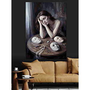 Düşünceli Kadın Ve Tiyatro Maskeleri Dekoratif Kanvas - Mdf Ahşap Tablo 100x140 cm