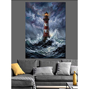 Fırtınalı Denizde Klasik Deniz Feneri Dekoratif Kanvas - Mdf Ahşap Tablo 70x100 cm