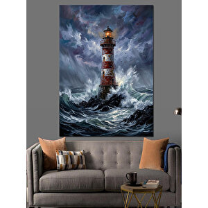 Fırtınalı Denizde Klasik Deniz Feneri Dekoratif Kanvas - Mdf Ahşap Tablo 70x100 cm