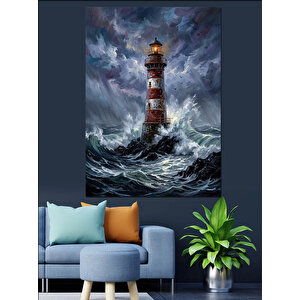 Fırtınalı Denizde Klasik Deniz Feneri Dekoratif Kanvas - Mdf Ahşap Tablo 70x100 cm