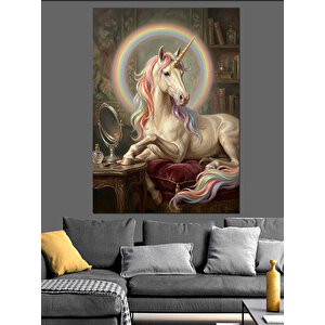 Gökkuşağı Hale Işıklı Boynuzlu At Dekoratif Kanvas - Mdf Ahşap Tablo 50x70 cm