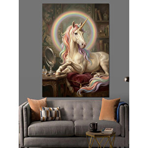 Gökkuşağı Hale Işıklı Boynuzlu At Dekoratif Kanvas - Mdf Ahşap Tablo 50x70 cm