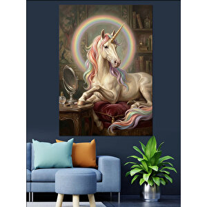 Gökkuşağı Hale Işıklı Boynuzlu At Dekoratif Kanvas - Mdf Ahşap Tablo 50x70 cm