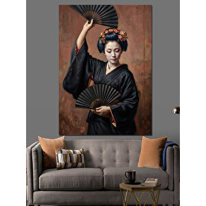 Yelpazeli Ve Kimonolu Japon Kadını Dekoratif Kanvas - Mdf Ahşap Tablo 50x70 cm