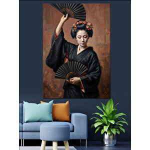 Yelpazeli Ve Kimonolu Japon Kadını Dekoratif Kanvas - Mdf Ahşap Tablo 50x70 cm
