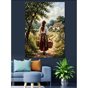 Bahçede Sepet Taşıyan Köylü Kadın Dekoratif Kanvas - Mdf Ahşap Tablo 100x140 cm