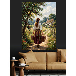 Bahçede Sepet Taşıyan Köylü Kadın Dekoratif Kanvas - Mdf Ahşap Tablo 100x140 cm