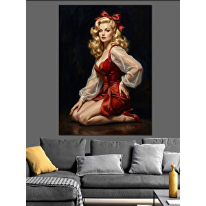 Kırmızı Elbiseli Zarif Kadın Portresi Dekoratif Kanvas - Mdf Ahşap Tablo 100x140 cm