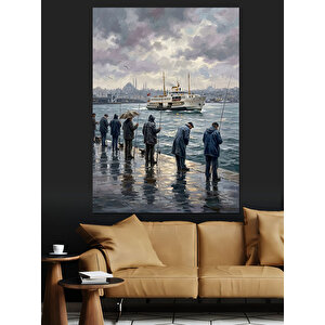 İskelede Bekleyen İnsanlar Ve Vapur Dekoratif Kanvas - Mdf Ahşap Tablo 70x100 cm