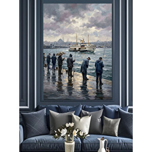İskelede Bekleyen İnsanlar Ve Vapur Dekoratif Kanvas - Mdf Ahşap Tablo 70x100 cm