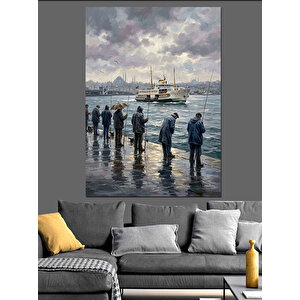 İskelede Bekleyen İnsanlar Ve Vapur Dekoratif Kanvas - Mdf Ahşap Tablo 70x100 cm