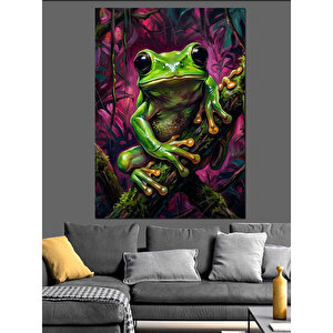 Dallarda Duran Renkli Kurbağa Figürü Dekoratif Kanvas - Mdf Ahşap Tablo 100x140 cm