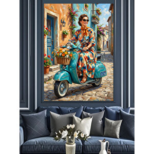 Mavi Scooterlı Şık Kadın Manzarası Dekoratif Kanvas - Mdf Ahşap Tablo 100x140 cm