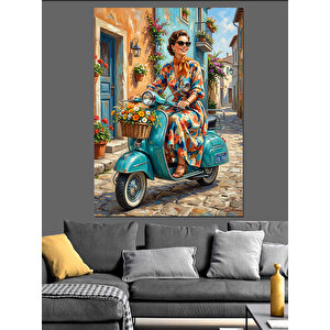 Mavi Scooterlı Şık Kadın Manzarası Dekoratif Kanvas - Mdf Ahşap Tablo 100x140 cm