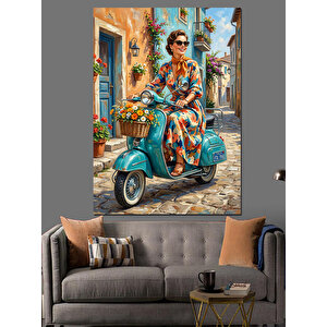 Mavi Scooterlı Şık Kadın Manzarası Dekoratif Kanvas - Mdf Ahşap Tablo 100x140 cm