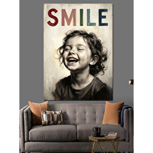 Gülümse Yazılı Gülen Çocuk Portresi Dekoratif Kanvas - Mdf Ahşap Tablo 70x100 cm