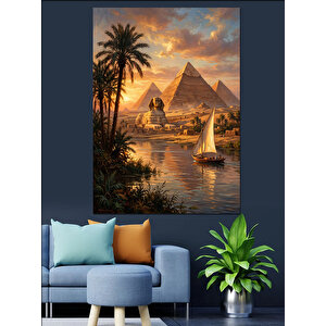 Gün Batımında Piramitler Ve Nehir Dekoratif Kanvas - Mdf Ahşap Tablo 100x140 cm