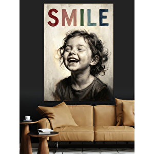 Gülümse Yazılı Gülen Çocuk Portresi Dekoratif Kanvas - Mdf Ahşap Tablo 100x140 cm