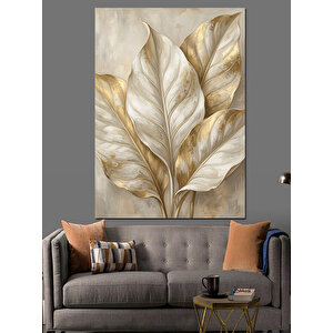 Üçlü Altın Rengi Yapraklar Buketi Dekoratif Kanvas - Mdf Ahşap Tablo 70x100 cm