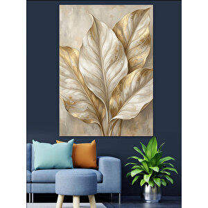 Üçlü Altın Rengi Yapraklar Buketi Dekoratif Kanvas - Mdf Ahşap Tablo 70x100 cm