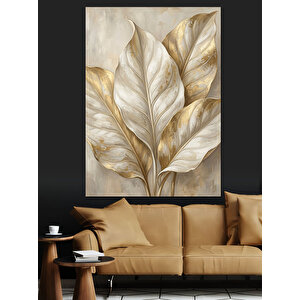 Üçlü Altın Rengi Yapraklar Buketi Dekoratif Kanvas - Mdf Ahşap Tablo 70x100 cm