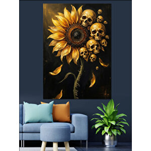 Kurukafalardan Oluşan Ayçiçeği Sanat Çizimi Dekoratif Kanvas - Mdf Ahşap Tablo 70x100 cm