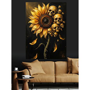 Kurukafalardan Oluşan Ayçiçeği Sanat Çizimi Dekoratif Kanvas - Mdf Ahşap Tablo 70x100 cm
