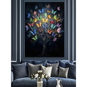 Renkli Kelebeklerden Oluşan Hayat Ağacı Dekoratif Kanvas - Mdf Ahşap Tablo 100x140 cm