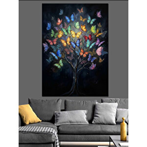 Renkli Kelebeklerden Oluşan Hayat Ağacı Dekoratif Kanvas - Mdf Ahşap Tablo 100x140 cm