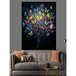 Renkli Kelebeklerden Oluşan Hayat Ağacı Dekoratif Kanvas - Mdf Ahşap Tablo 100x140 cm