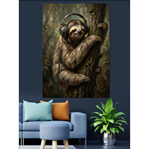 Kulaklık Takan Sevimli Tembel Hayvan Dekoratif Kanvas - Mdf Ahşap Tablo 100x140 cm