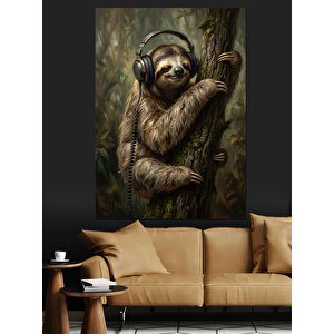Kulaklık Takan Sevimli Tembel Hayvan Dekoratif Kanvas - Mdf Ahşap Tablo 100x140 cm