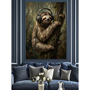 Kulaklık Takan Sevimli Tembel Hayvan Dekoratif Kanvas - Mdf Ahşap Tablo 100x140 cm