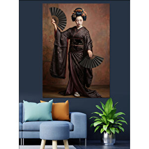 Yelpazeli Ve Kimonolu Japon Kadını Dekoratif Kanvas - Mdf Ahşap Tablo 50x70 cm