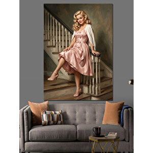 Merdivende Oturan Pembe Elbiseli Kadın Dekoratif Kanvas - Mdf Ahşap Tablo 70x100 cm