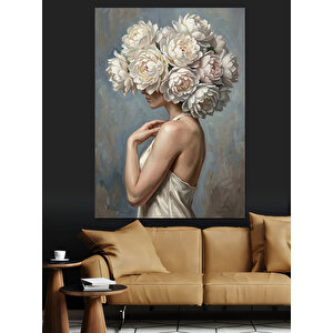 Başı Çiçeklerle Kaplı Modern Kadın Dekoratif Kanvas - Mdf Ahşap Tablo 50x70 cm