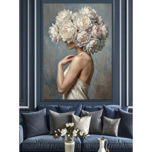 Başı Çiçeklerle Kaplı Modern Kadın Dekoratif Kanvas - Mdf Ahşap Tablo 50x70 cm