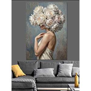 Başı Çiçeklerle Kaplı Modern Kadın Dekoratif Kanvas - Mdf Ahşap Tablo 50x70 cm